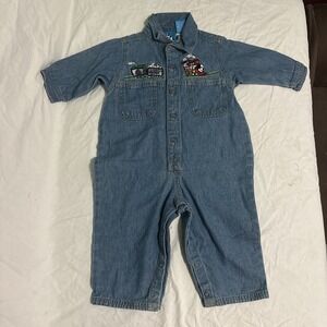 Vintage Little Big Dogs Train Denim Embroidered Jumpsuit Romper Kids 6-12 Months